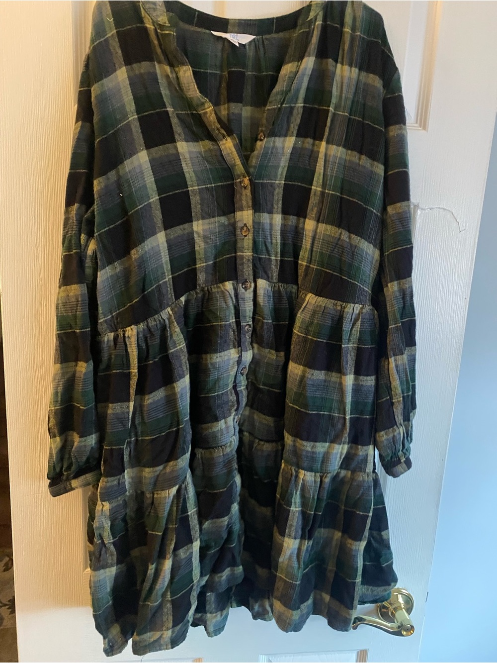 Time and Tru Green and Black Plaid Tiered Button-Front Jacket